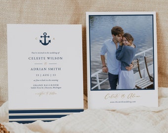 Navy Blue Anchor Wedding Invitation with Photo, Blue and Gold Nautical Wedding Invitation Template, Ocean Wedding Invitation Printable