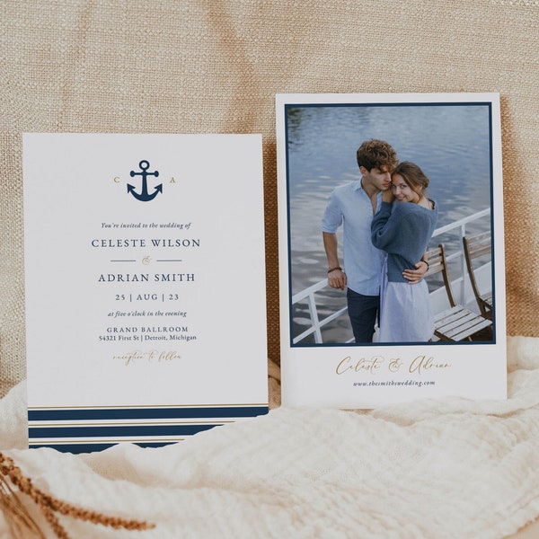 Navy Blue Anchor Wedding Invitation with Photo, Blue and Gold Nautical Wedding Invitation Template, Ocean Wedding Invitation Printable