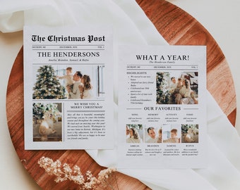 Newspaper Christmas Card Template, 2023 Year in Review Holiday Card Printable, Family Photo Christmas Card Personalized Happy New Year Card