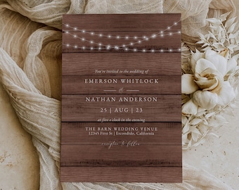 Rustic Wood String Lights Wedding Invitation with Photo, Barn Wedding Invitation Template Canva, Country Wedding Invite Digital
