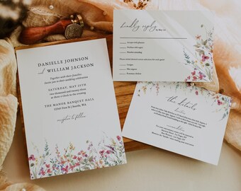 Plantilla de invitación de boda con flores silvestres, conjunto de invitación de boda de primavera en acuarela, flores de invitación de boda imprimibles, invitación editable