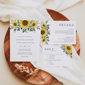 Sunflower Wedding Invitation Editable Template, Greenery Wedding Invitation Suite, Rustic Sunflower Wedding Invitation Set Greenery