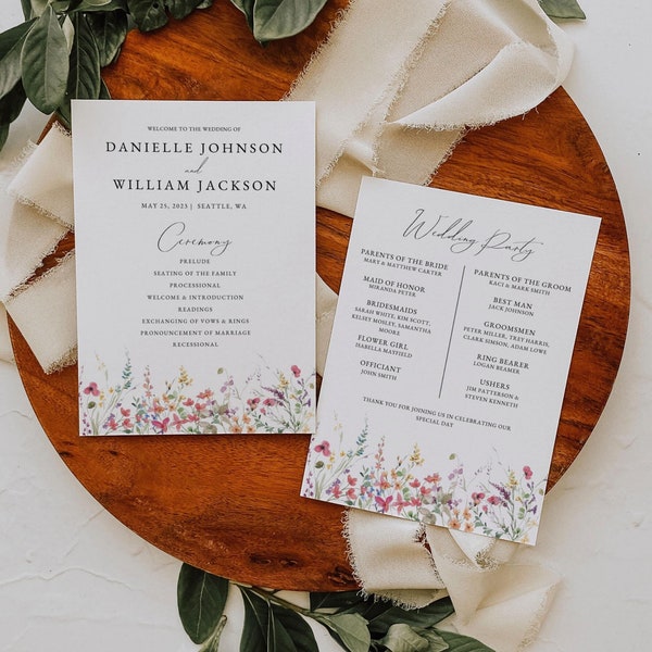 Wildflower Wedding Program Template Download, Spring Wedding Ceremony Card, Floral Wedding Program Printable, Order of Service Wedding
