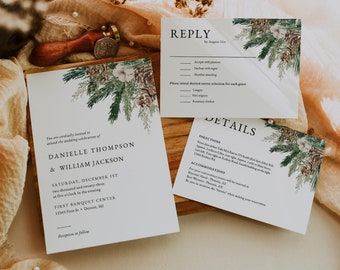 Rustic Winter Wedding Invitation Template, Christmas Wedding Invitation Suite Download, Editable Wedding Invite Set, Printable Invitation