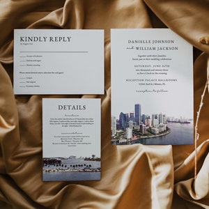 Modello di invito per matrimonio a destinazione, Suite di inviti per matrimonio a Miami, Set di inviti per matrimonio in Florida con RSVP, Skyline di Miami acquerello