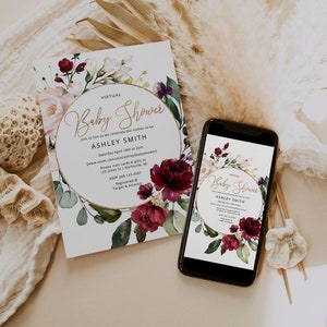 Floral Baby Shower Invitation Template, Virtual Baby Shower Invitation Printable, Burgundy Floral Baby Shower Evite for Girl, Digital Invite