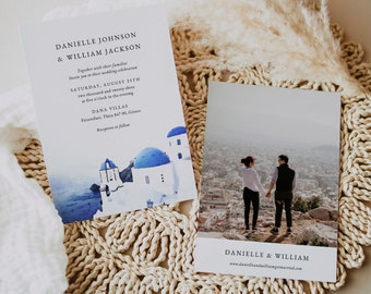 Convite para casamento na Grécia, modelo de convite para casamento em Santorini, casamento em destino, convite para casamento grego, casamento em aquarela