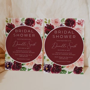 Burgundy Blush Bridal Shower Invitation Template with Canva, Pink Floral Bridal Shower Invitation Download, Printable Wedding Shower Invite