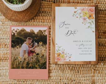 Wildflower Save the Date Template, Pink Save the Date with Flowers, Spring Floral Save the Date with Photo, Colorful Save the Date Card