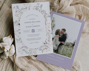 Purple Wedding Invitation Template, Wildflower Wedding Invitation with Photo, Lilac Wedding Invitation Printable Lavender Wedding Invite