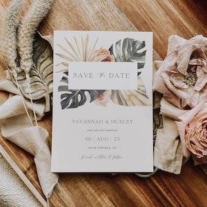 Tropical Save the Date met foto, strandbestemming bruiloft Save the Date Mexico, Monsterra Wedding Invite, Hawaii Save the Date-sjabloon