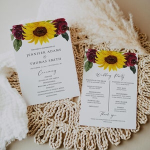May include: Wedding ceremony program with sunflowers and burgundy flowers. The program includes the order of the ceremony, the wedding party, and a thank you message. The text reads: "Welcome to the wedding of Jennifer Adams & Thomas Smith, September 18, 2022 | Plymouth, MI."