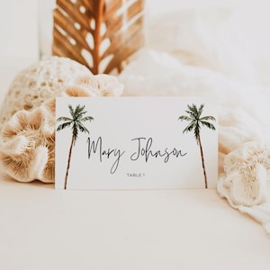 Tropische Hochzeit Tischkarte Vorlage Download, Palme Tischkarten für Brautparty, bearbeitbare Tischkarten für Tisch, druckbare Tischkarte