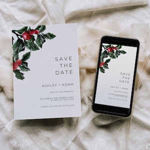 Winter Save the Dates, Holly Save the Date, Christmas Wedding Save the Date, Save the Date Evite Template, Printable Wedding Invitation