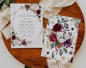 Floral Geometric Bridal Invitation Printable, Burgundy Floral Bridal Shower Invite, Burgundy and Blush Bridal Shower Invitation Template