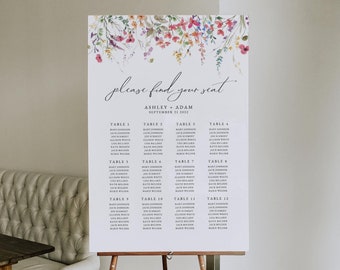 Tabla de asientos de flores silvestres de primavera, plantilla de tabla de asientos de boda de primavera, tabla de asientos de boda imprimible, cartel de bienvenida de boda floral