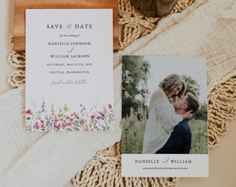 Wildflower Save the Dates, Spring Save the Date Template with Photo, Floral Save the Date Cards Download, Spring Wedding Invitation