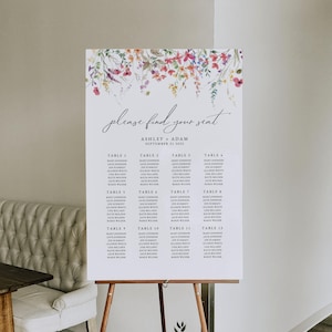 Stoelindeling voorjaar wilde bloemen, stoelindeling voorjaar bruiloft, afdrukbare tabel stoelen bruiloft, bloemen bruiloft welkomstbord