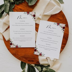 Burgundy and Blush Wedding Menu Template Canva, Printable Menu Card for Floral Wedding, Editable Bridal Shower Menu Download, Floral Menu
