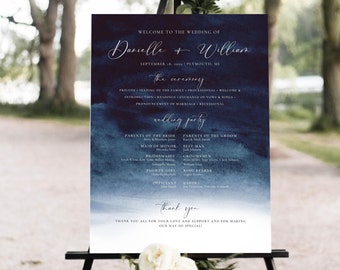 Cartello del programma della cerimonia nuziale, decorazioni nuziali blu navy, cartello di benvenuto per matrimonio modificabile, modello di cartello per matrimonio con ordine degli eventi