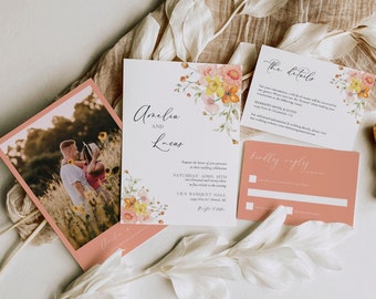 Bright Colorful Wedding Invitation Suite, Garden Wedding Invitation Template, Spring Floral Wildflower Wedding Invitation Set