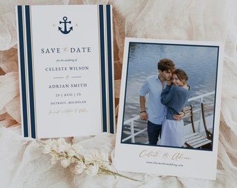 Navy Blue Anchor Save the Date Template with Picture, Nautical Save the Date Invitation Printable, Blue and Gold Wedding Save the Date