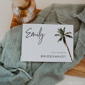 Tropischer Brautjungfer Vorschlag Kartenvorlage, Palmen Hochzeit Brautjungfer Vorschlag Bestimmungsort Hochzeit, Trauzeugin Vorschlag Card Printable