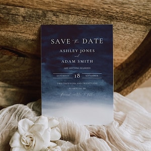 Navy Blue Save the Date Cards, Blue Watercolor Save the Date Template, Save the Date Evite, Winter Wedding Save the Date Invitation