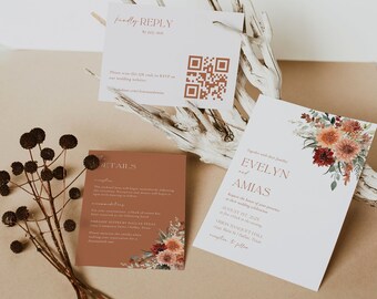 Rustic Wedding Invitation Suite Canva Template, Boho Floral Wedding Invite Set, Rustic Fall Wedding Invitation with RSVP, Burnt Orange