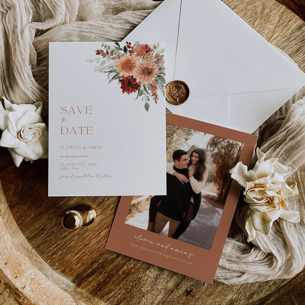 Rust Wedding Save the Date with Photo Save the Date Invitation Template Canva, Modern Terracotta Save the Date Boho Floral Wedding