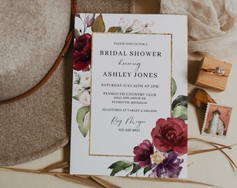 Burgundy and Blush Floral Bridal Shower Invitation Template, Editable Wedding Shower Invitation Instant Download, Gold Bridal Shower Invite