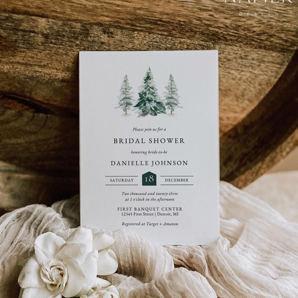 Winter Bridal Shower Invite, Pine Bridal Shower Invitation Template, Rustic Bridal Shower Invitation Printable, Winter Wedding Shower