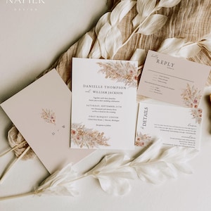 Pampas Wedding Invitation Set, Boho Wedding Invitation Suite, Wedding Invitation with RSVP Set, Bohemian Wedding Invitation Template