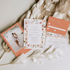 Spring Floral Wedding Invitation Suite, Peach Wedding Invite, Colorful Wedding Invitation Template, Wedding Invitation Set with Photo
