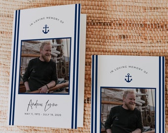 Anchor Funeral Program Template for Man, In Loving Memory Program Template, Memorial Program Canva Template, Nautical Funeral Program