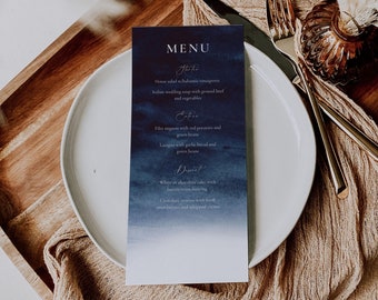 Navy Watercolor Wedding Menu Template: Editable Dinner Card (Printable)