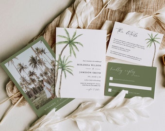 Destination Wedding Invitation Suite, Tropical Wedding Invitation Template, Beach Wedding Invitation Set, Palm Tree Invitation Printable