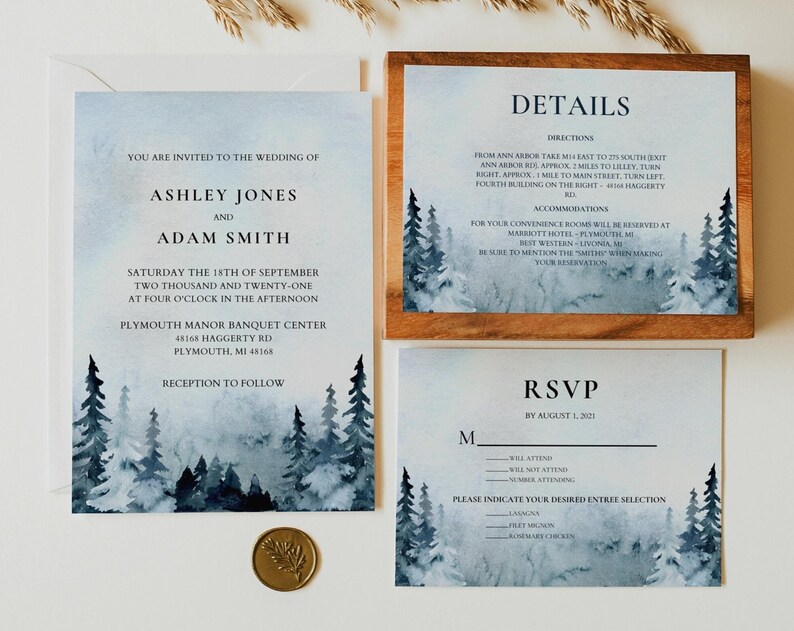 Blue Winter Wedding Invitation Forest Wedding Invitation Template Mountain Wedding Invitation Suite Printable Wedding Invite