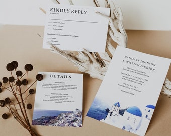 Santorini Wedding Invitation Template, Greece Wedding Invitation Set, Destination Wedding Invitation Suite, Santorini Greece Wedding Invite