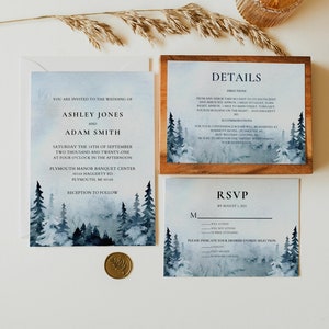 Blue Winter Wedding Invitation, Forest Wedding Invitation Template, Mountain Wedding Invitation Suite, Printable Wedding Invite Set