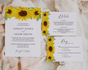 Conjunto de invitaciones de boda con girasoles, conjunto de invitaciones de boda rústicas, plantilla de invitación de boda campestre, invitación rústica con girasoles