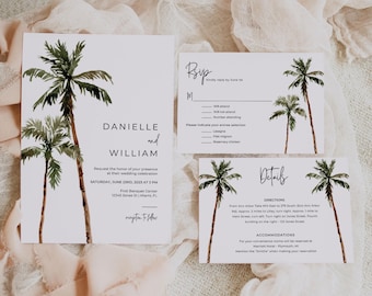 Plantilla de invitación de boda con palmeras, invitación de boda tropical imprimible, invitación de boda minimalista en la playa, invitación de boda editable
