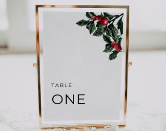 Plantilla de número de mesa navideña 5x7 Descargar, 4x6 Número de mesa Boda imprimible, Signo de número de mesa de boda de invierno, Hojas de acebo y bayas