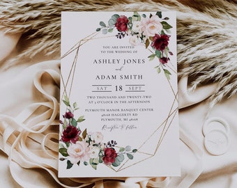 Burgundy and Gold Geometric Wedding Invitation Template, Blush Floral Wedding Invitation Printable, Editable Wedding Invitation Download