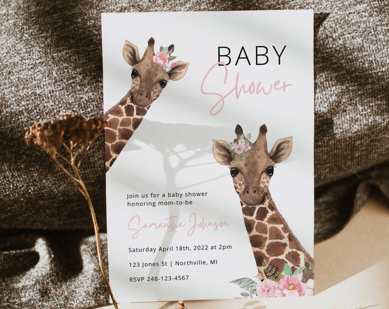 Giraffe Baby Shower Invitation Girl Digital Download Printable Jungle Animal Baby Shower Invitation Template Safari Baby