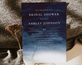 Navy Blue Watercolor Bridal Shower Invitation Template, Dark Blue Wedding Shower Invitation Printable, Editable Bridal Shower Invitation