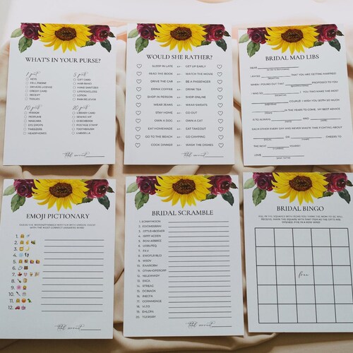 Sunflower and Rose Wedding Shower Games Printable Sunflower | Etsy