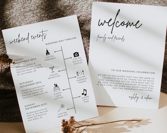 Minimalist Wedding Timeline Template, Printable Wedding Itinerary for Wedding Party, Editable Order of Events Wedding Card, Weekend Schedule