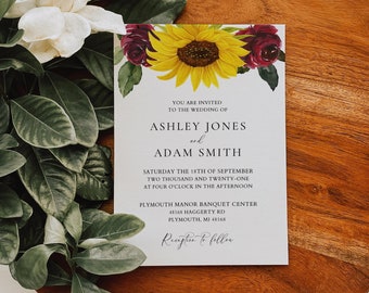 Sunflower and Roses Wedding Invitation Template Printable, Rustic Sunflower Wedding Invitation Editable Template, Rustic Wedding Invite