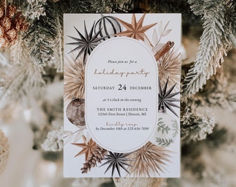 Modern Holiday Party Invitation Template, Boho Christmas Party Invitation Printable, Work Christmas Party Invite Gold Holiday Invitation